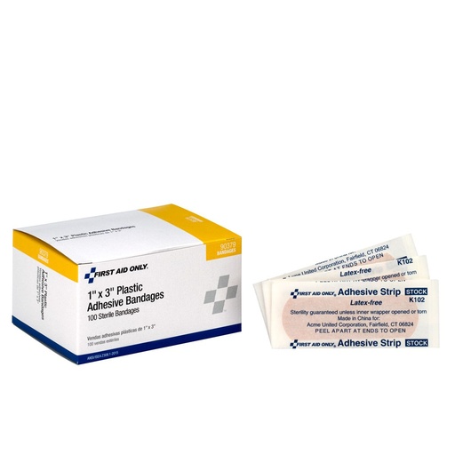 [90379] First Aid Only 3 inch x 1 inch Plastic Adhesive Bandage, 100/Box
