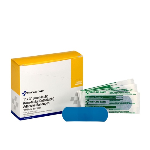 [90923] First Aid Only 1 inch x 3 inch Sterile Plastic Bandage, Blue, 100/Box