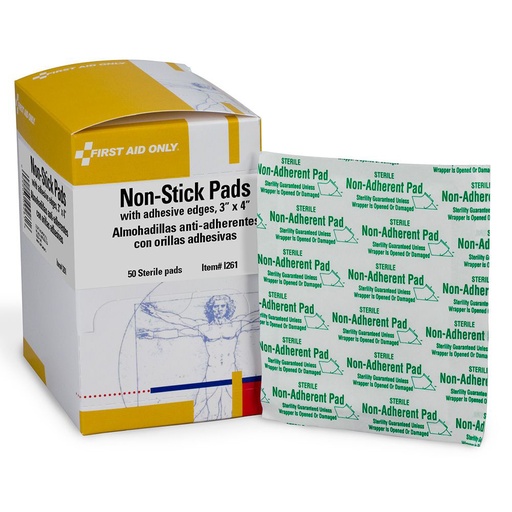 [I261] First Aid Only 3 inch x 4 inch Non-Adherent Pad with Adhesive Edges, 50/Box