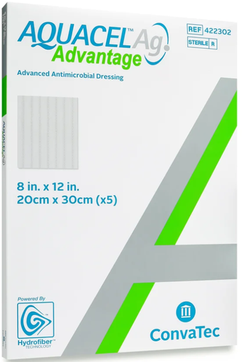 [422302] Convatec Ag Advantage, Enhanced Hydrofiber w/Silver, Non-Adhesive, 8" x 12", 5/bx