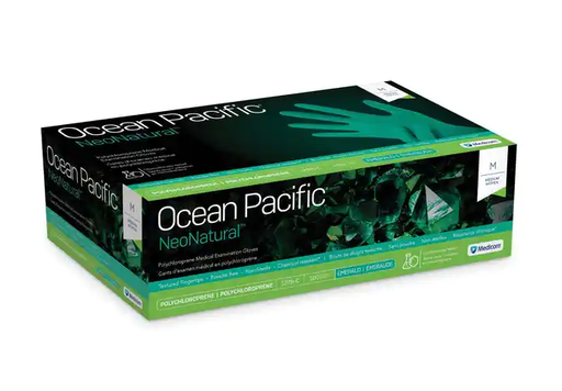 [1228-B] Ocean Pacific NeoNatural Powder-Free Textured Chloroprene Gloves, Green, Small. 100/bx