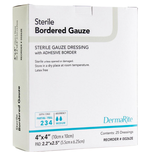 [00262E] Sterile Gauze Dressing Gauze w/Adhesvie Border, 4" x 4", 25/bx