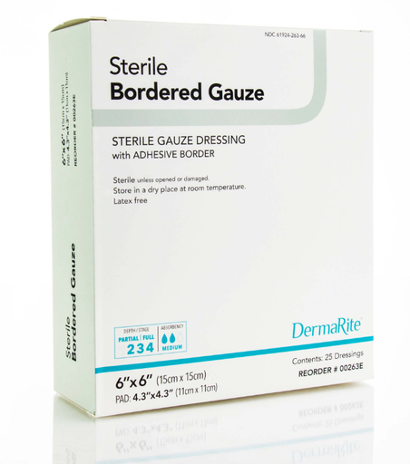 [00263E] Sterile Bordered Gauze w/Adhesvie Border, 6" x 6", 25/bx