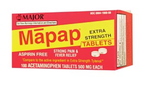 [252700] Major Pharmaceuticals Mapap, 500mg, Boxed, 100s, Compare to Tylenol®, NDC# 00904-6730-59