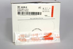 [4428-5] Needle, 28G x ½" Fixed Hypodermic, 0.5mL (U-100) Insulin Syringe