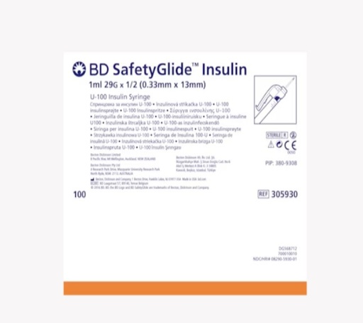 [305930] BD, Safety-Glide Insulin Syringe, 13mm x 29G 1mL, 100/bx 4 bx/cs