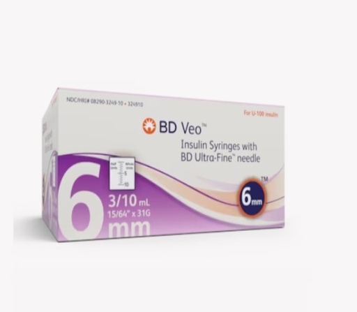 [324910] BD, Veo Insulin Syringes w/Ultra-Fine Needle 6mm x 31G 3/10 mL/cc Half Unit Scale