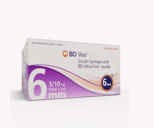 [324909] BD, Veo Insulin Syringes w/BD Ultra-Fine Needle 6mm x 31G 3/10 mL/cc