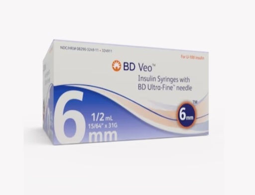 [324911] BD, Veo Insulin Syringes w/BD Ultra-Fine Needle 6mm x 31G 1/2 mL/cc