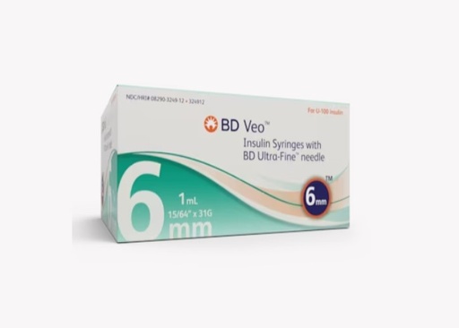 [324912] BD, Veo Insulin Syringes w/BD Ultra-Fine Needle 6mm x 31G 1mL/cc