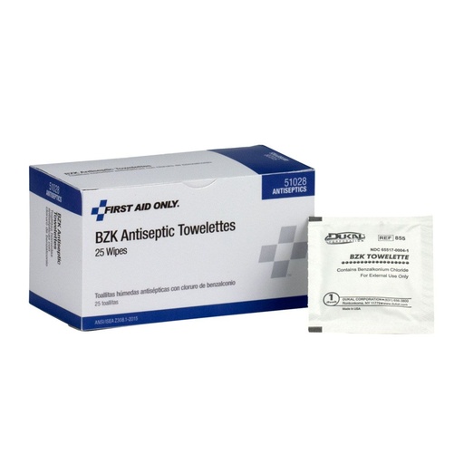 [51028] First Aid Only BZK Antiseptic Wipe, 25/Box