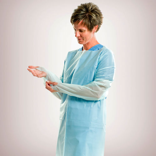 [86792] Graham Medical Gown, Poly, 42"x46", Blue, PPE, 15/pk, 5pk/cs