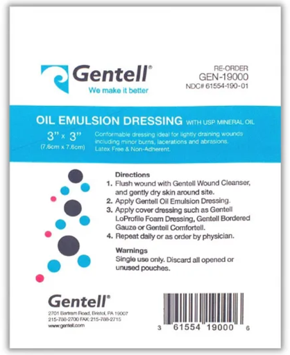 [GEN-19000] Gentell Oil Emulsion Dressing, 3" x 3", 25/bx