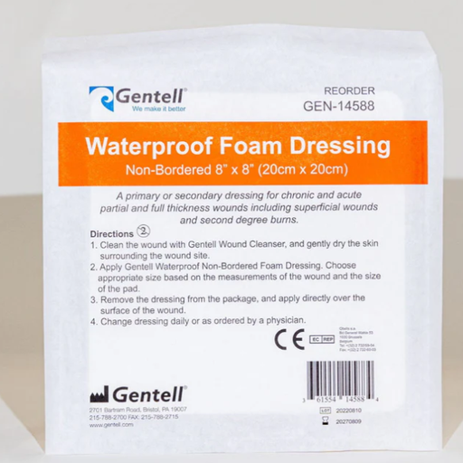 [GEN-14588] Gentell Waterproof Foam, 8" x 8", Non-Bordered Dressing, 10/pk