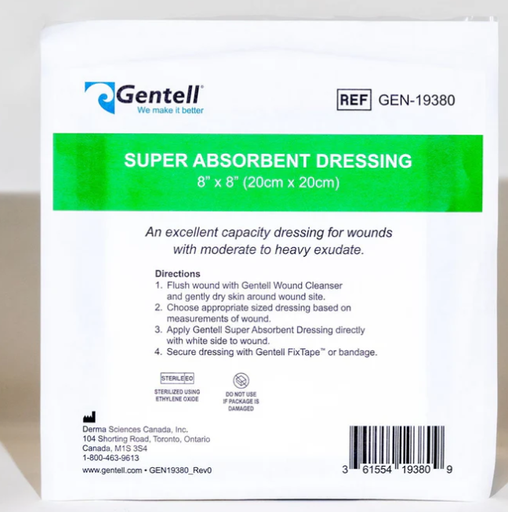 [GEN-19380] Gentell Super Absorbent Dressing, 8" x 8", 10/bx