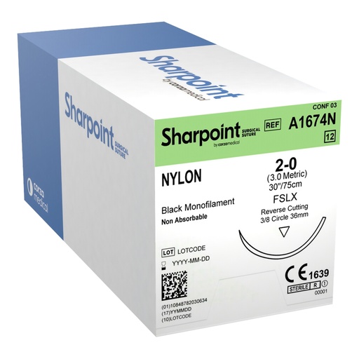 [A1674N] Surgical Specialties Sharpoint Plus 2-0 Nylon Nonabsorbable Suture with Needle and Black, 12 per Box