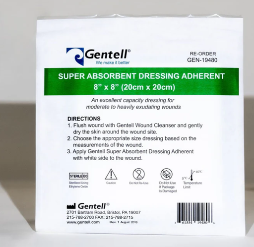 [GEN 19480] Gentell Super Absorbent Dressing, Adherent, 8" x 8", 10bx