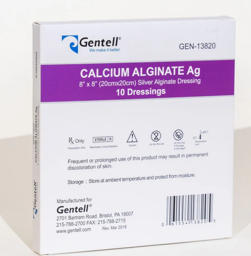[GEN-13820] Gentell Calcium Alginate, Ag (Silver), 8" x 8", Dressing, 10/bx
