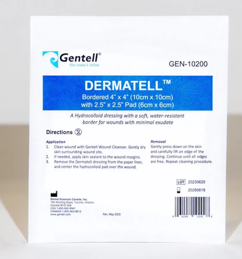 [GEN-10200] Gentell Dermatell Hydrocolloid Dressing, 4" x 4", 2.5" pad, 50/cs