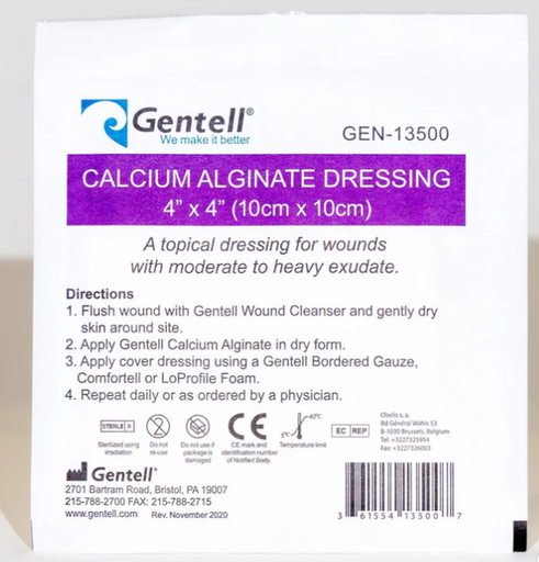 [GEN-13500] Gentell Calcium Alginate, 4" x 4", Dressing, 50/cs