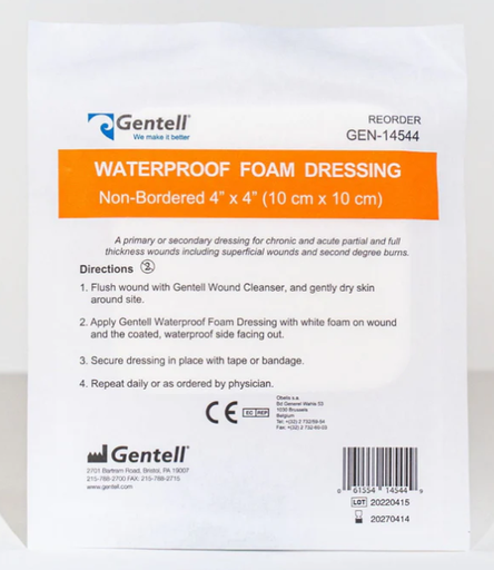 [GEN-14544] Gentell Waterproof Foam, 4" x 4", Non-Bordered Dressing, 50/bx