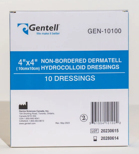 [GEN-10100] Gentell Dermatell Hydrocolloid Dressing, 4" x 4", Non-Bordered, 50/cs
