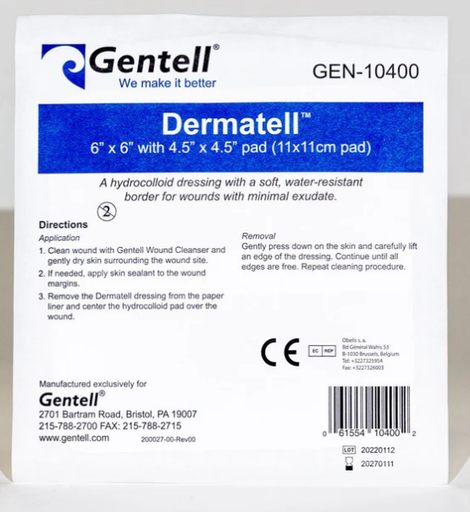 [GEN-10400] Gentell Dermatell Hydrocolloid Dressing, 6" x 6", 4.5" pad, 50/cs