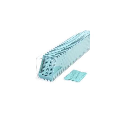 [M518-12SL] Swingsette Biopsy Cassette, Quickload Sleeves, 45° Angle, Acetal, Aqua, Bulk, 750/cs