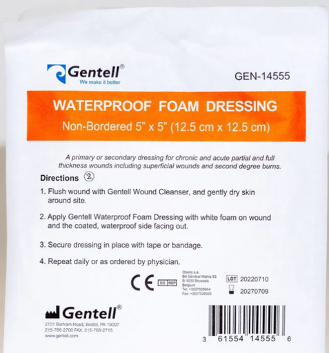 [GEN-14555] Gentell Waterproof Foam, 5" x 5", Non-Bordered Dressing, 50/bx