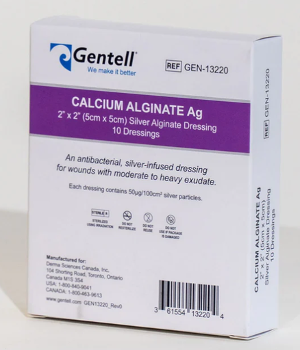 [GEN-13220] Gentell Calcium Alginate, Ag (Silver), 2" x 2", Dressing, 50/cs