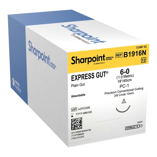 [B1916N] Surgical Specialties Sharpoint Plus 6-0 18 inch Express Gut Absorbable Suture with Needle and Undyed, 12 per Box