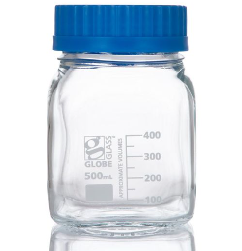 [8120500] Bottle, Square Media, Wide Mouth, Globe Glass, 500mL, GL80 Screw Cap, 10/bx