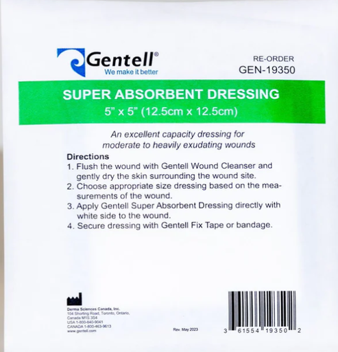 [GEN-19350] Gentell Super Absorbent Dressing, 5" x 5", 50/bx