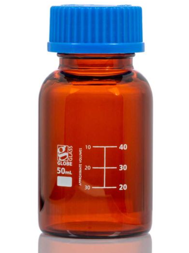 [8110050] Bottle, Amber Media, Globe Glass, 50mL, GL32 Screw Cap, Dual Graduations, 10/bx