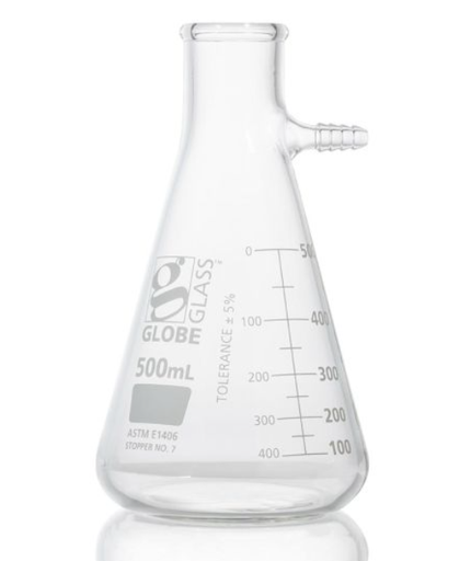[8450500] Flask, Filter, Globe Glass, 500mL, Dual Graduations, ASTM E1406, 6/bx