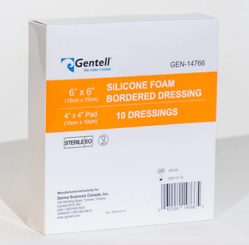 [GEN-14766] Gentell Silicone Foam, 6" x 6", Bordered Dressing, 50/cs