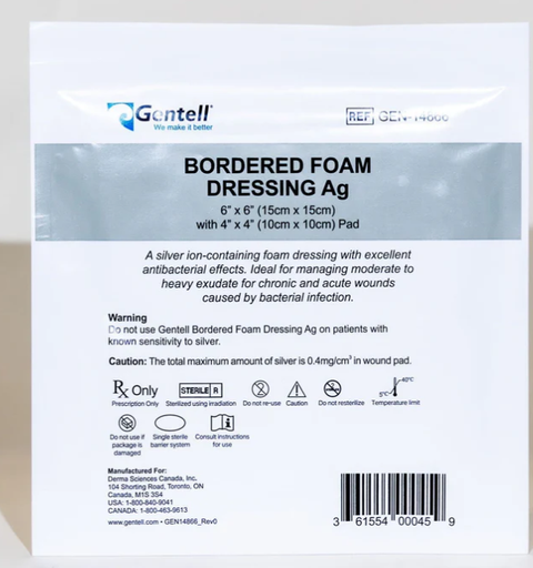 [GEN-14866] Gentell Bordered Foam, Ag (Silver), 6" x 6", Dressing, 50/cs