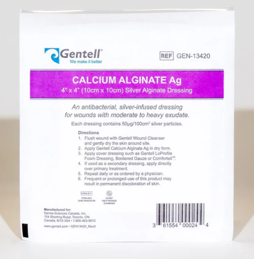 [GEN-13420] Gentell Calcium Alginate, Ag (Silver), 4" x 4", Dressing, 50/cs