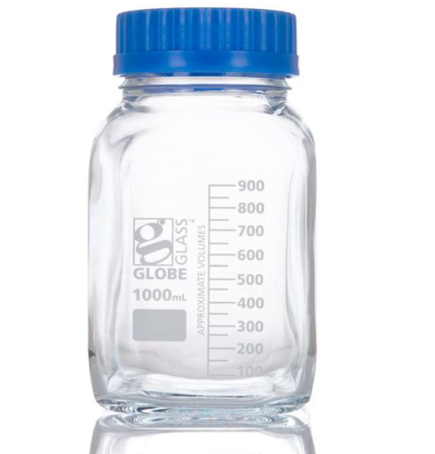 [8121000] Bottle, Square Media, Wide Mouth, Globe Glass, 1000mL, GL80 Screw Cap, 10/bx