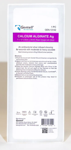 [GEN-13142] Gentell Calcium Alginate, Ag (Silver), 12", Rope, Dressing, 50/cs
