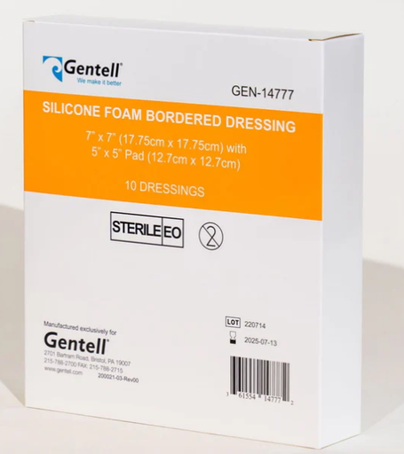 [GEN-14777] Gentell Silicone Foam, 7" x 7", Bordered Dressing, 50/cs