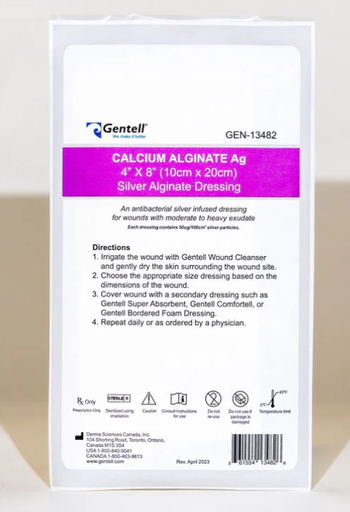 [GEN-13482] Gentell Calcium Alginate, Ag (Silver), 4" x 8", Dressing, 50/cs
