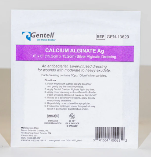 [GEN-13620] Gentell Calcium Alginate, Ag (Silver), 6" x 6", Dressing, 50/cs
