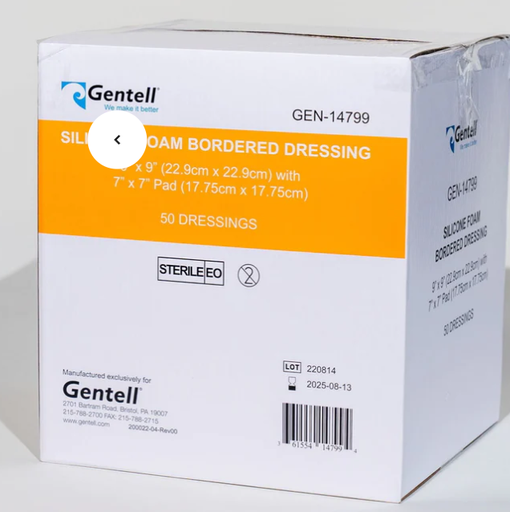 [GEN-14799] Gentell Silicone Foam, 9" x 9", Bordered Dressing, 50/cs
