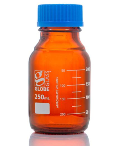 [8110250] Bottle, Amber Media, Globe Glass, 250mL, GL45 Screw Cap, Dual Graduations, 10/bx
