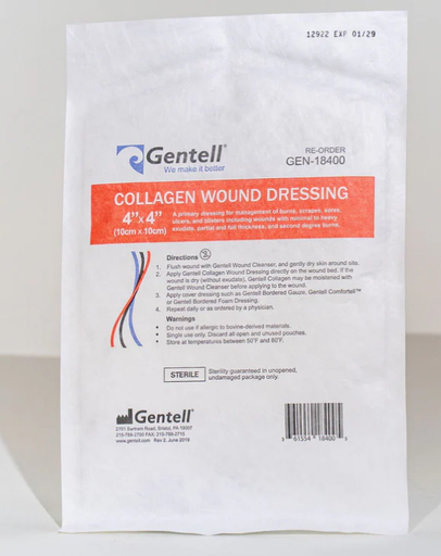 [GEN-18400] Gentell Collagen Wound Dressing, 4" x 4", 30/cs