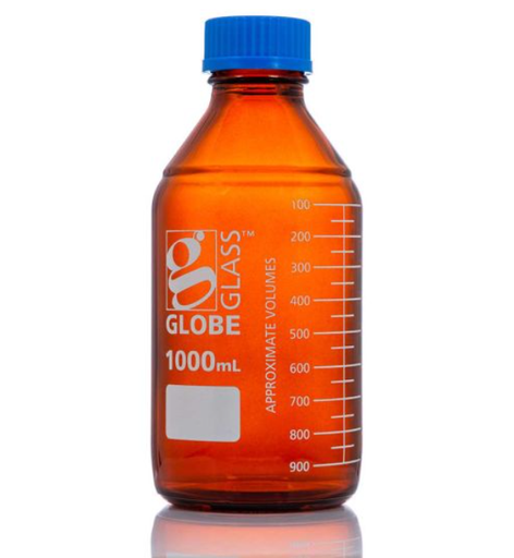 [8111000] Bottle, Amber Media, Globe Glass, 1000mL, GL45 Screw Cap, Dual Graduations, 10/bx