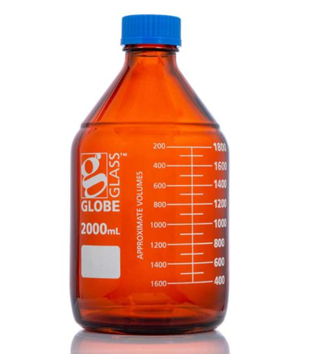 [8112000] Bottle, Amber Media, Globe Glass, 2000mL, GL45 Screw Cap, Dual Graduations, 10/bx