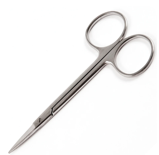 [96-2504] Iris Scissors, Econo, 4 ½ Length, Floor Grade Stainless Steel, Sterile, Finger Ring Handle, Straight Sharp Tip/Sharp Tip, Disposable, 50/cs