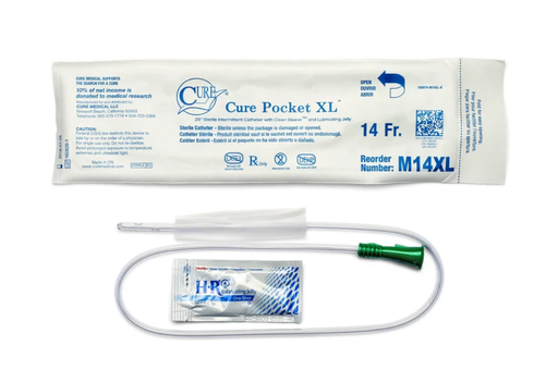 [M14XL] Catheter, Male, Pocket Size Packaging, Single-Use with Lubricant and Gripper Sleeve, 25" (Extra Long), Straight Tip, 14FR, 30/bx, 10 bx/cs
